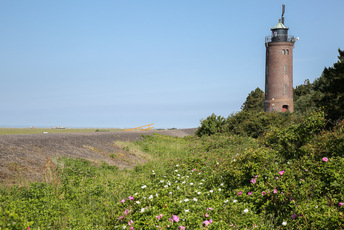 Böhler Leuchtturm, noch aktiv, kuschelt sich an den Deich, den man von Bad bis Böhl per Rad befahren kann. 